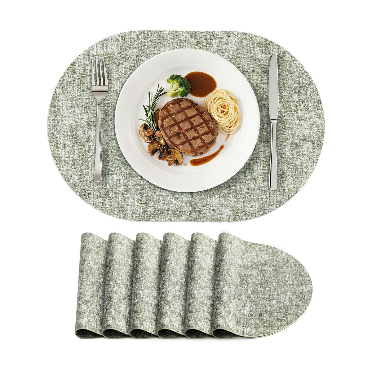 Placemats Set of 6, 11.8 x 17 Inch, Grass Green | Heat Resistant Oval Faux Leather Place Mats, Waterproof Wipeable