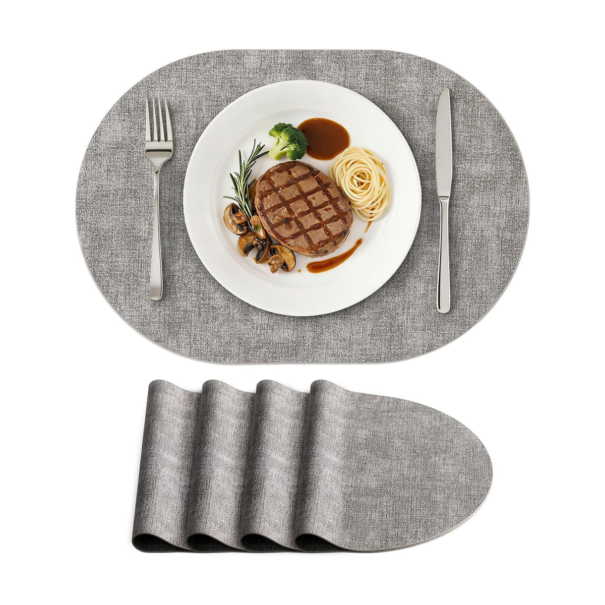 Placemats Set of 4, 11.8 x 17 Inch, Light Grey | Heat Resistant Oval Faux Leather Place Mats, Waterproof Wipeable