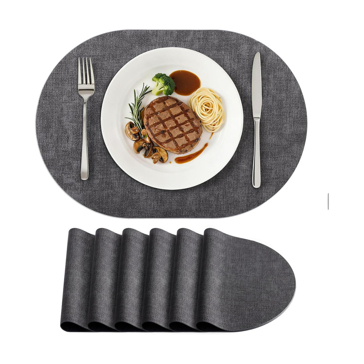 Placemats Set of 6, 11.8 x 17 Inch, Dark Grey | Heat Resistant Oval Faux Leather Place Mats, Waterproof Wipeable