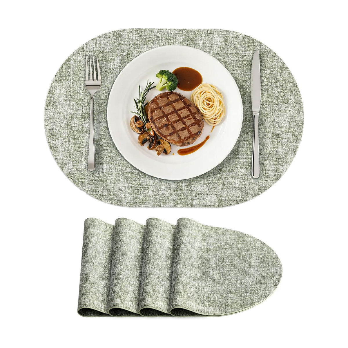 Placemats Set of 4, 11.8 x 17 Inch, Grass Green | Heat Resistant Oval Faux Leather Place Mats, Waterproof Wipeable
