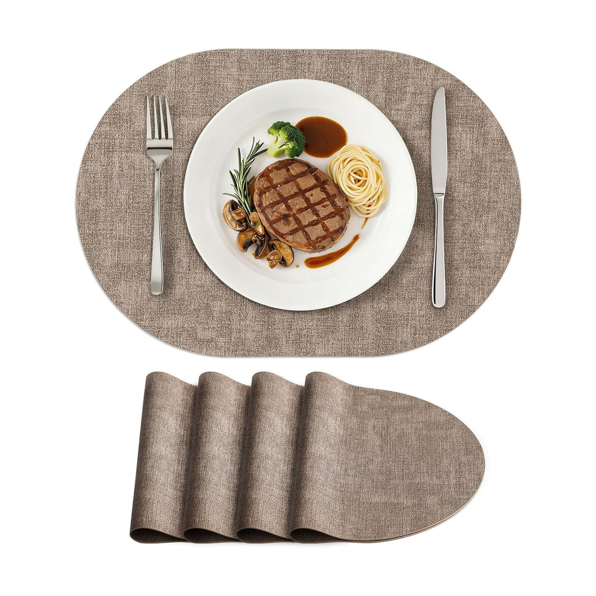 Placemats Set of 4, 11.8 x 17 Inch, Light Brown | Heat Resistant Oval Faux Leather Place Mats, Waterproof Wipeable