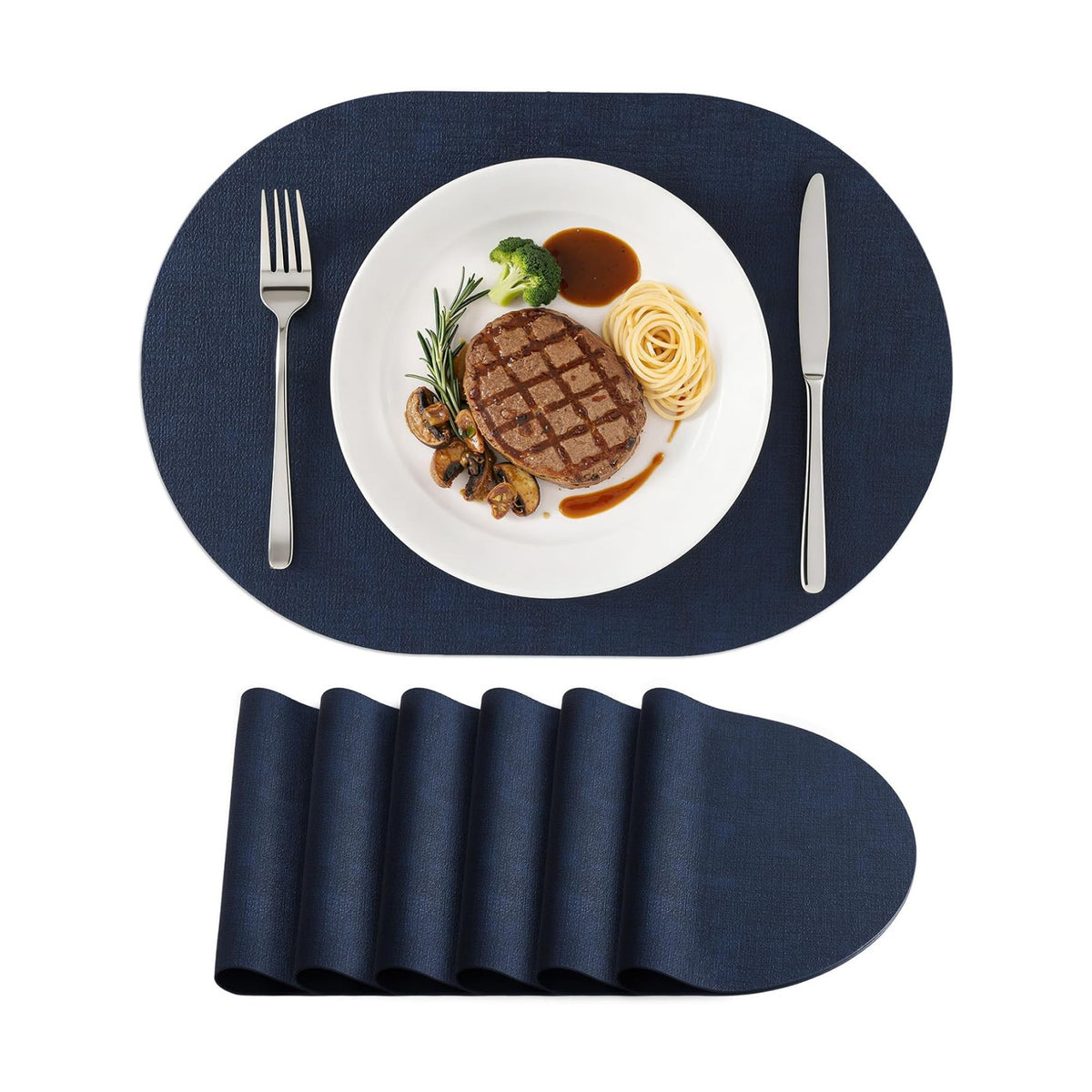 Placemats Set of 6, 11.8 x 17 Inch, Navy | Heat Resistant Oval Faux Leather Place Mats, Waterproof Wipeable Reversible