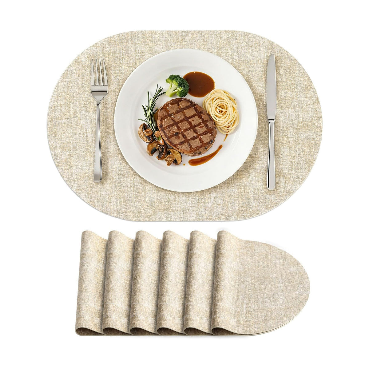 Placemats Set of 6, 11.8 x 17 Inch, Beige | Heat Resistant Oval Faux Leather Place Mats, Waterproof Wipeable Reversible