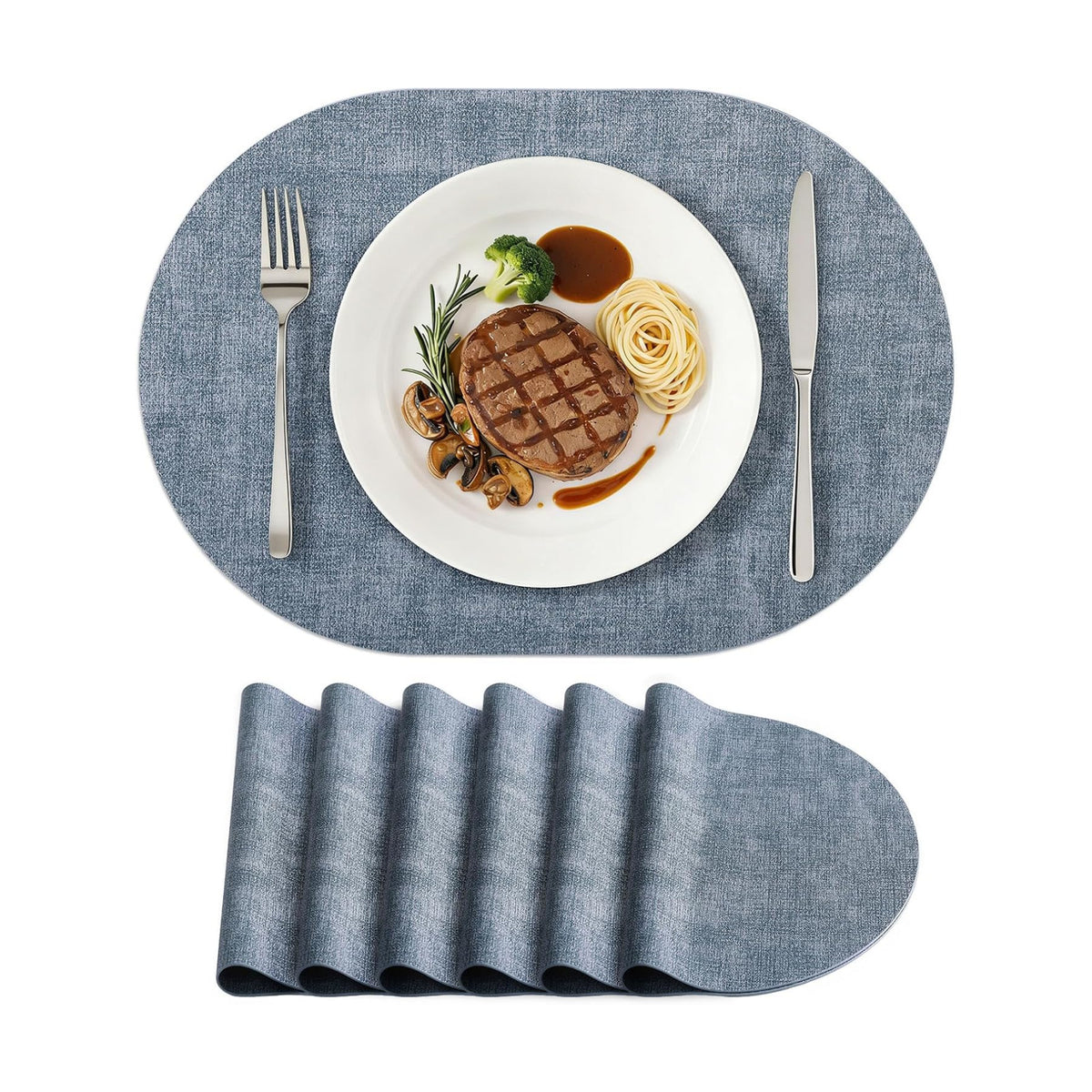 Placemats Set of 6, 11.8 x 17 Inch, Blue | Heat Resistant Oval Faux Leather Place Mats, Waterproof Wipeable Reversible