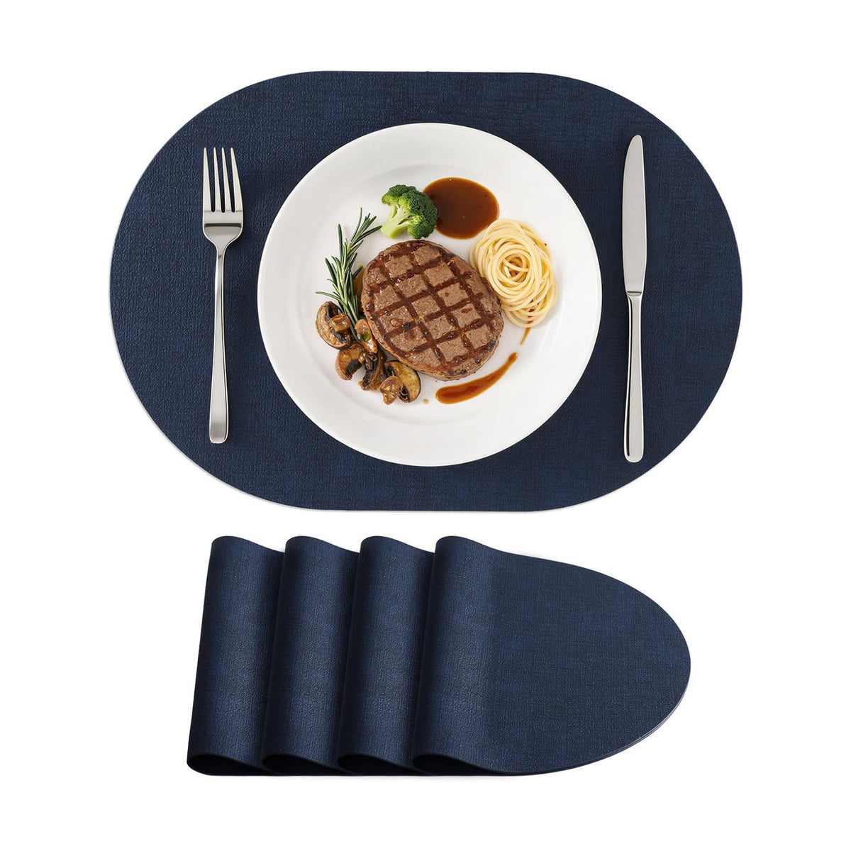 Placemats Set of 4, 11.8 x 17 Inch, Navy | Heat Resistant Oval Faux Leather Place Mats, Waterproof Wipeable Reversible