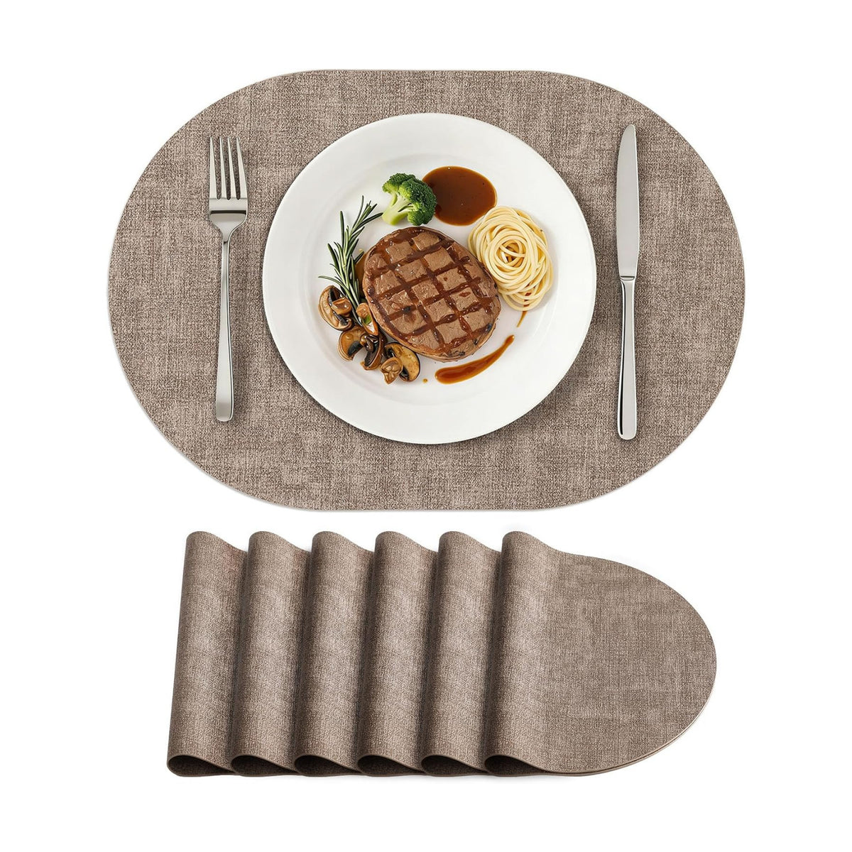 Placemats Set of 6, 11.8 x 17 Inch, Light Brown | Heat Resistant Oval Faux Leather Place Mats, Waterproof Wipeable