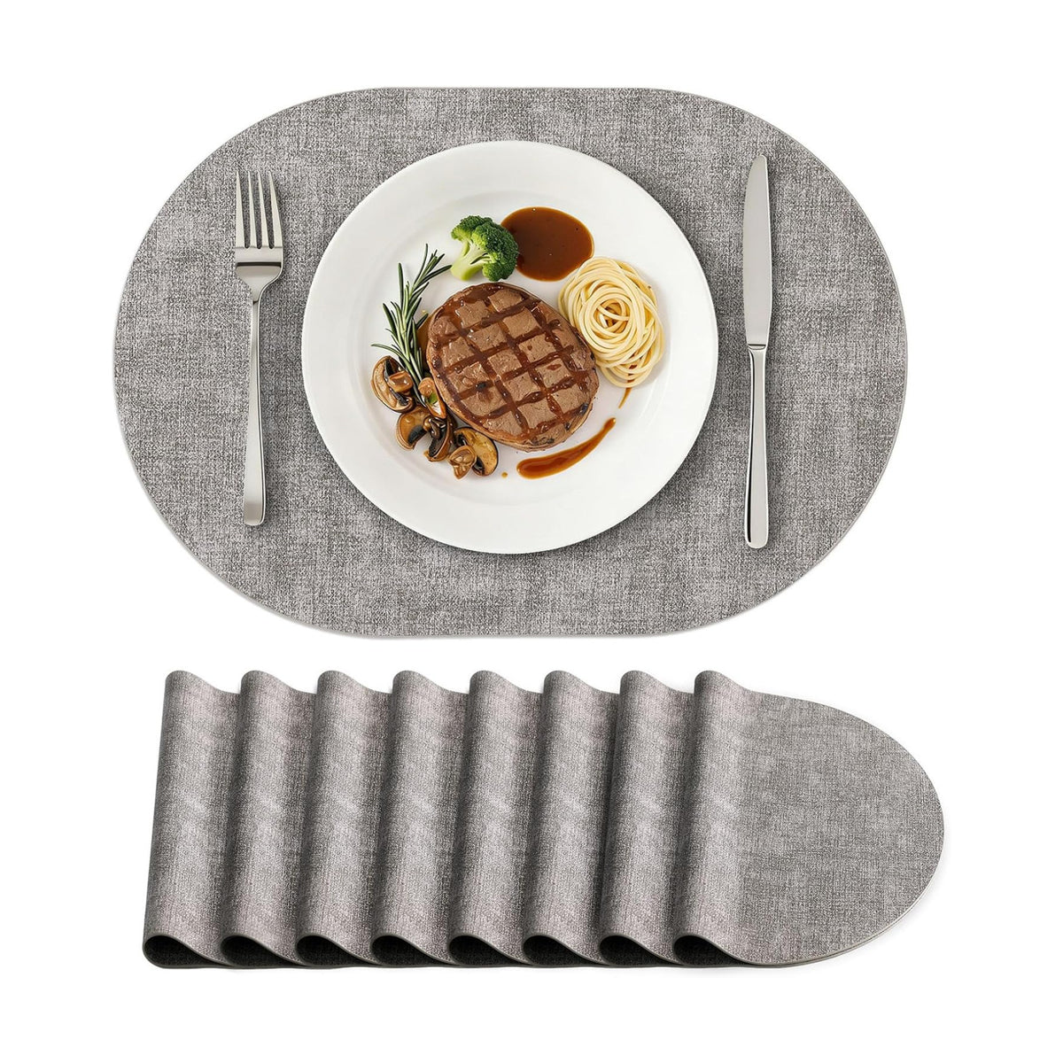 Placemats Set of 8, 11.8 x 17 Inch, Light Grey | Heat Resistant Oval Faux Leather Place Mats, Waterproof Wipeable