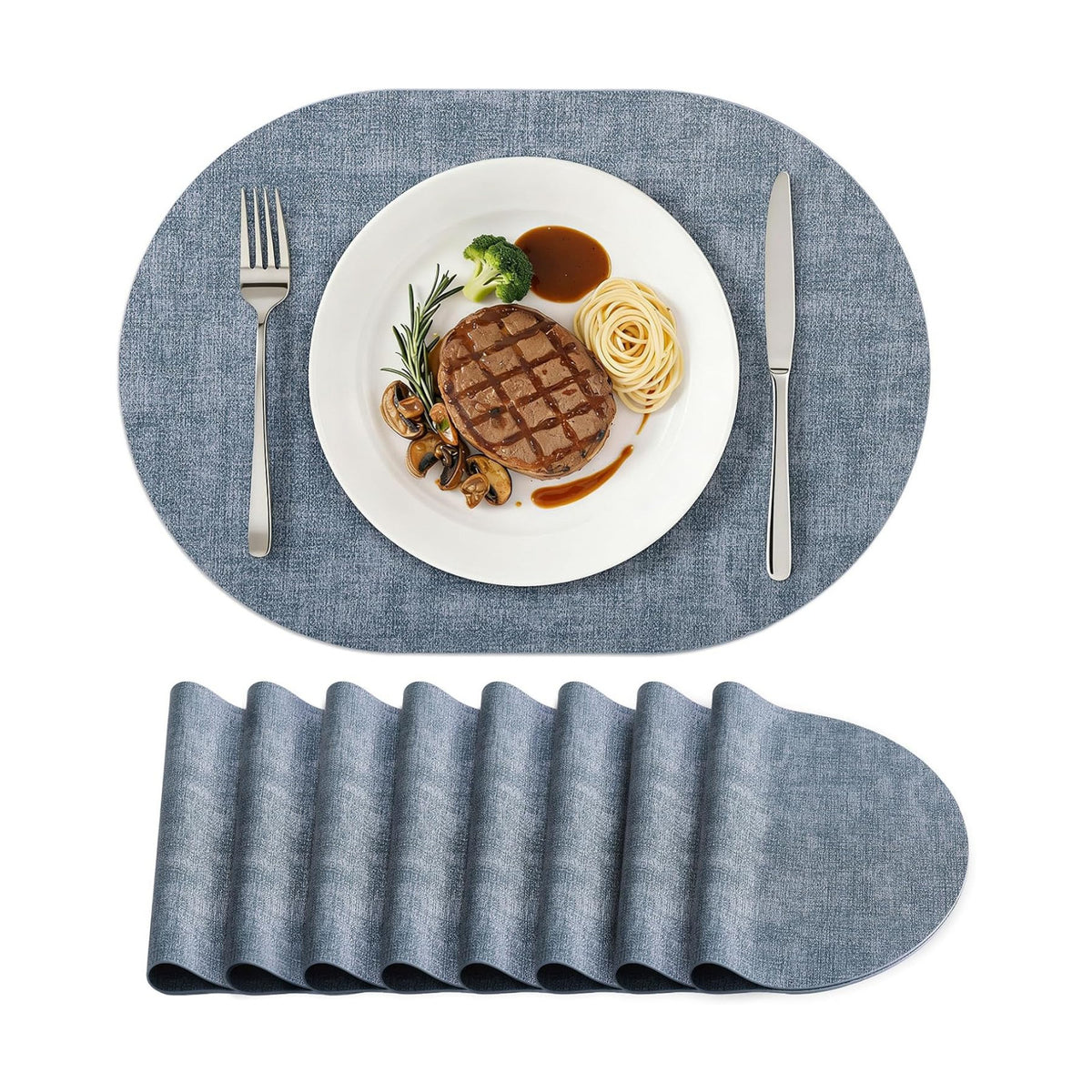 Placemats Set of 8, 11.8 x 17 Inch, Blue | Heat Resistant Oval Faux Leather Place Mats, Waterproof Wipeable Reversible