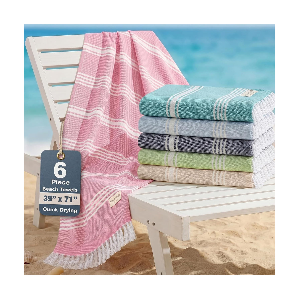 Casa Platino Turkish Beach Towels Set of 6, Sand Free 39"x71" - Beach Mix | Lightweight & Packable Beach Towels - for