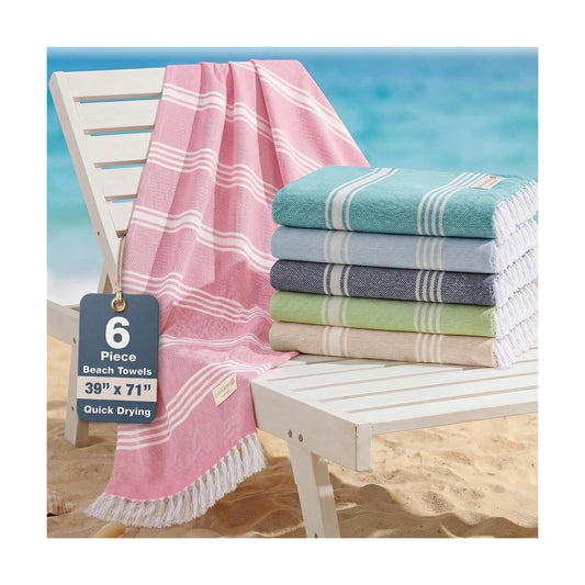 Casa Platino Turkish Beach Towels Set of 6, Sand Free 39"x71" - Beach Mix | Lightweight & Packable Beach Towels - for