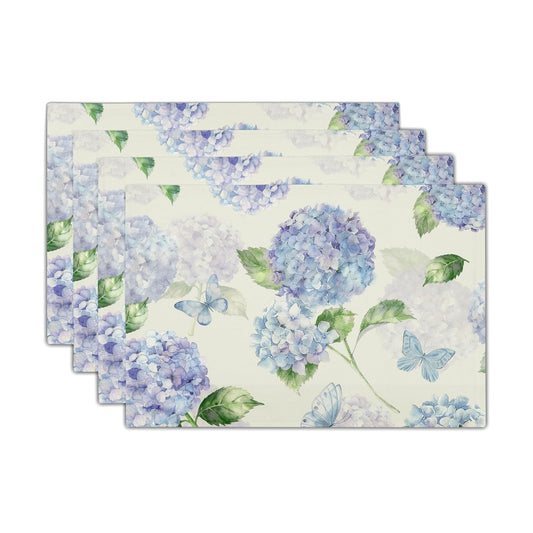 Hydrangea Placemats Set of 4 18x12 Inch Spring Summer Blue Floral and Butterfly Linen Place Mats Heat-Resistant Washable Wipeable Flower Table Mat for Party Kitchen Dining Room Dinner Table Decor