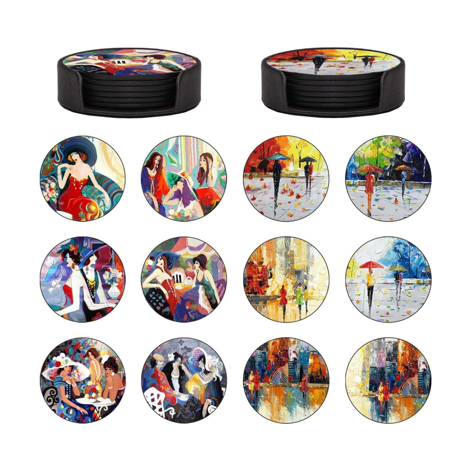 Holder / PU Leather Coasters for Drinks / Abstract Oil Painting Art / Set of 12
