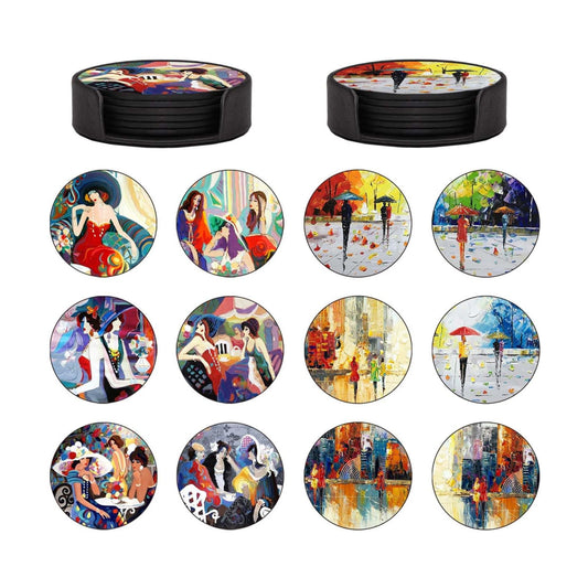 Holder / PU Leather Coasters for Drinks / Abstract Oil Painting Art / Set of 12