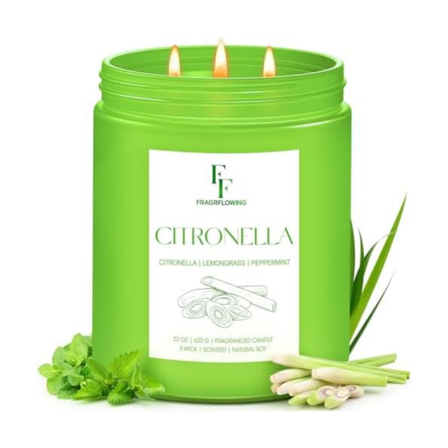 Citronella Large Scented Candle Outdoor Indoor, 3-Wick 22oz Long Lasting Scented Candle, Natural Soy Wax Aromatherapy