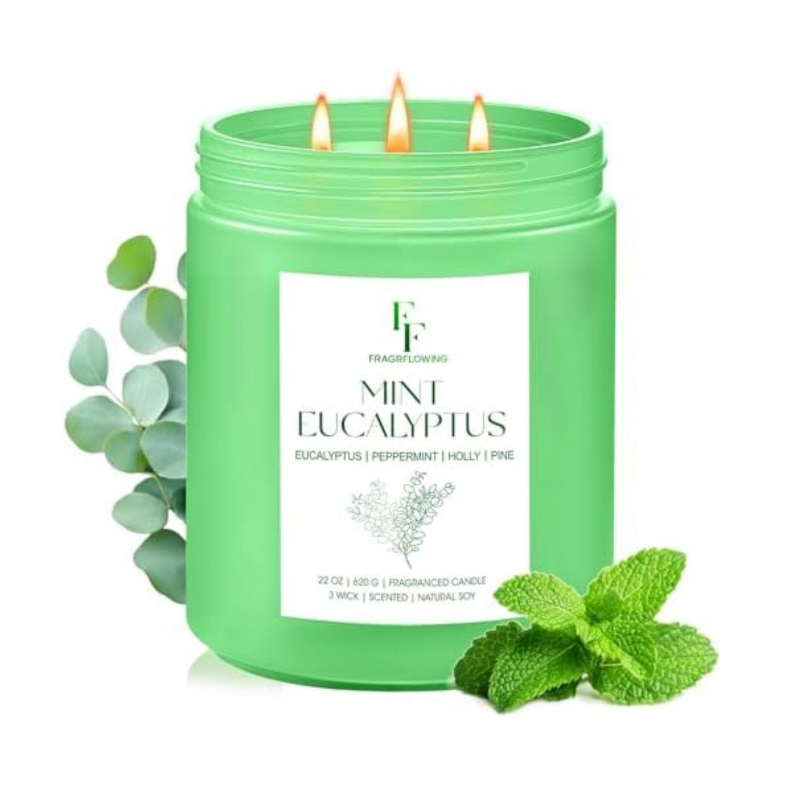 Mint Eucalyptus Large Scented Candle, 3-Wick 22oz Long Lasting Scented Candle, Natural Soy Wax Aromatherapy Candle for