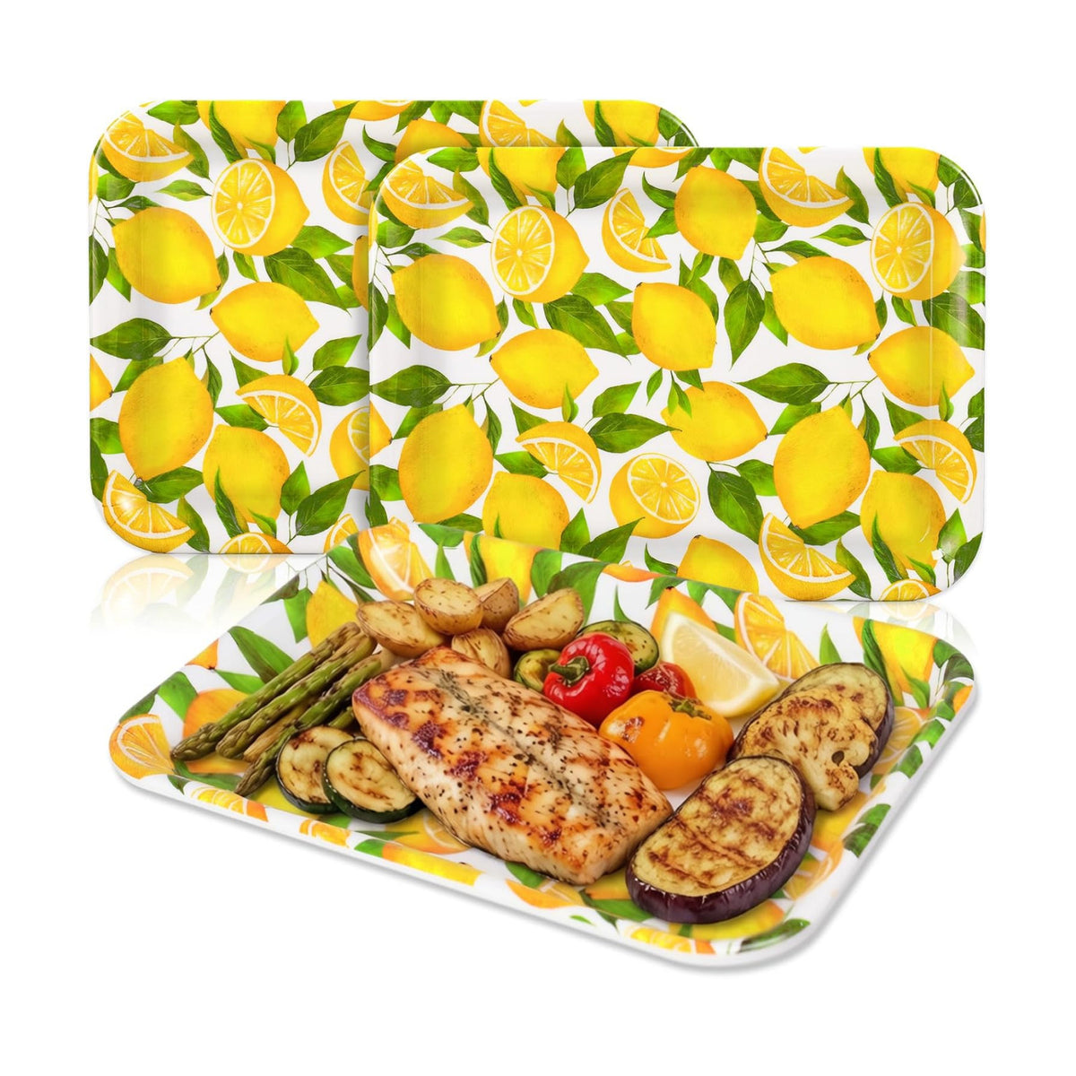 JarThenaAMCS 3Pcs Lemon Serving Trays Reusable Serving Dishes Watercolor Yellow Lemon Platter for Summer Fruit Birthday Party Serving Food Snacks Fruits Dessert