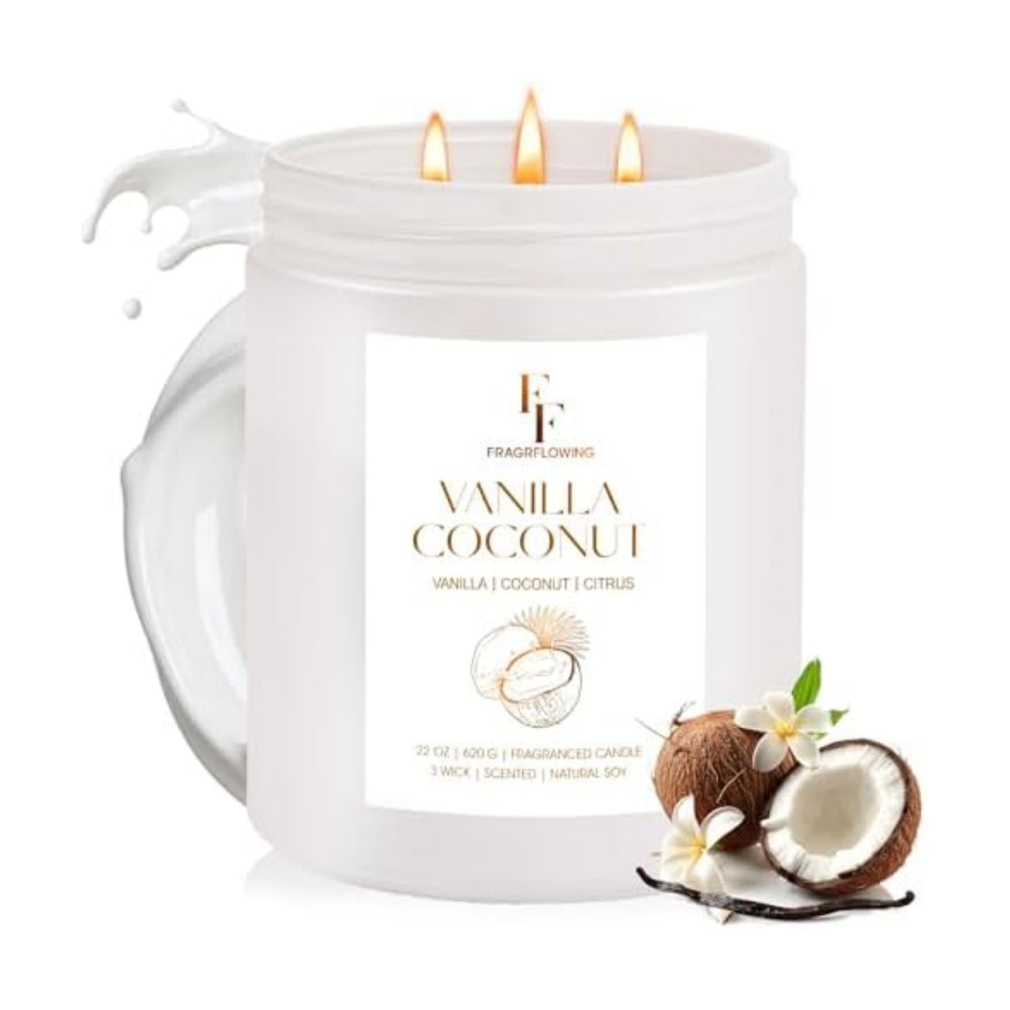 Vanilla Coconut Large Scented Candle, 3-Wick 22oz Long Lasting Scented Candle, Natural Soy Wax Aromatherapy Candle for