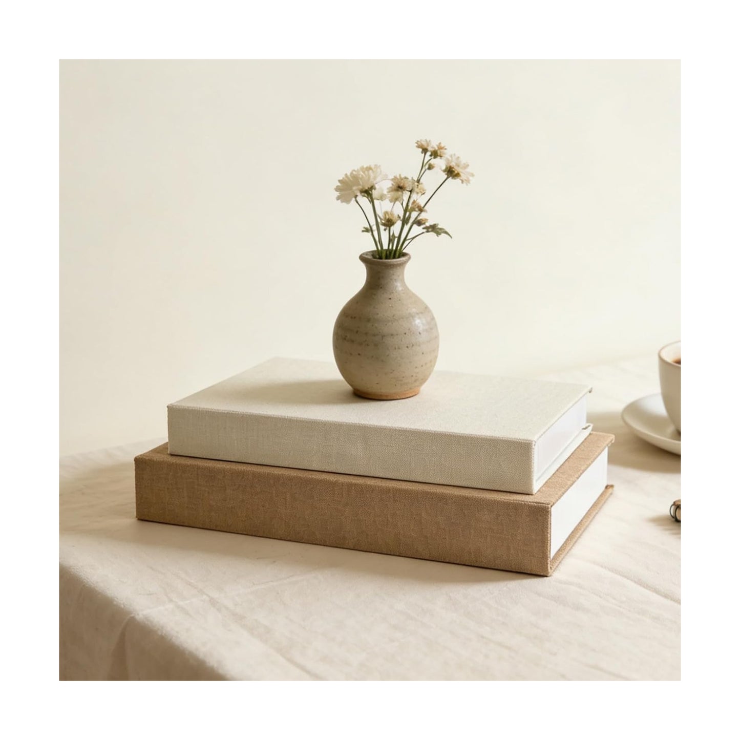 Decorative Books Linen Fabric Faux Storage Fake Book Boxes Coffee Table / Khaki and White / Set of 2