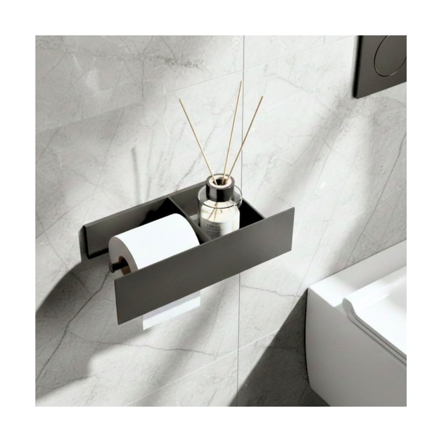GRANDMIX Wall Mounted Toilet Paper Holder with Shelf – Modern Matte Black Metal Bathroom Tissue Roll Holder with