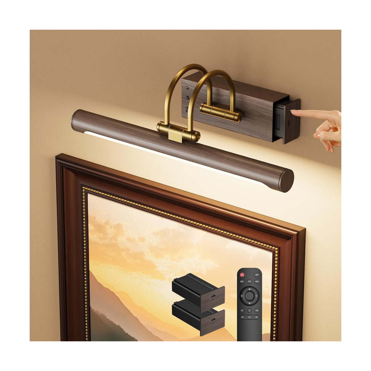 Picture Light, 12.6″ Wireless Battery Operated Rechargeable LED Wall Light with Remote, Dimmable Art Light with Timer