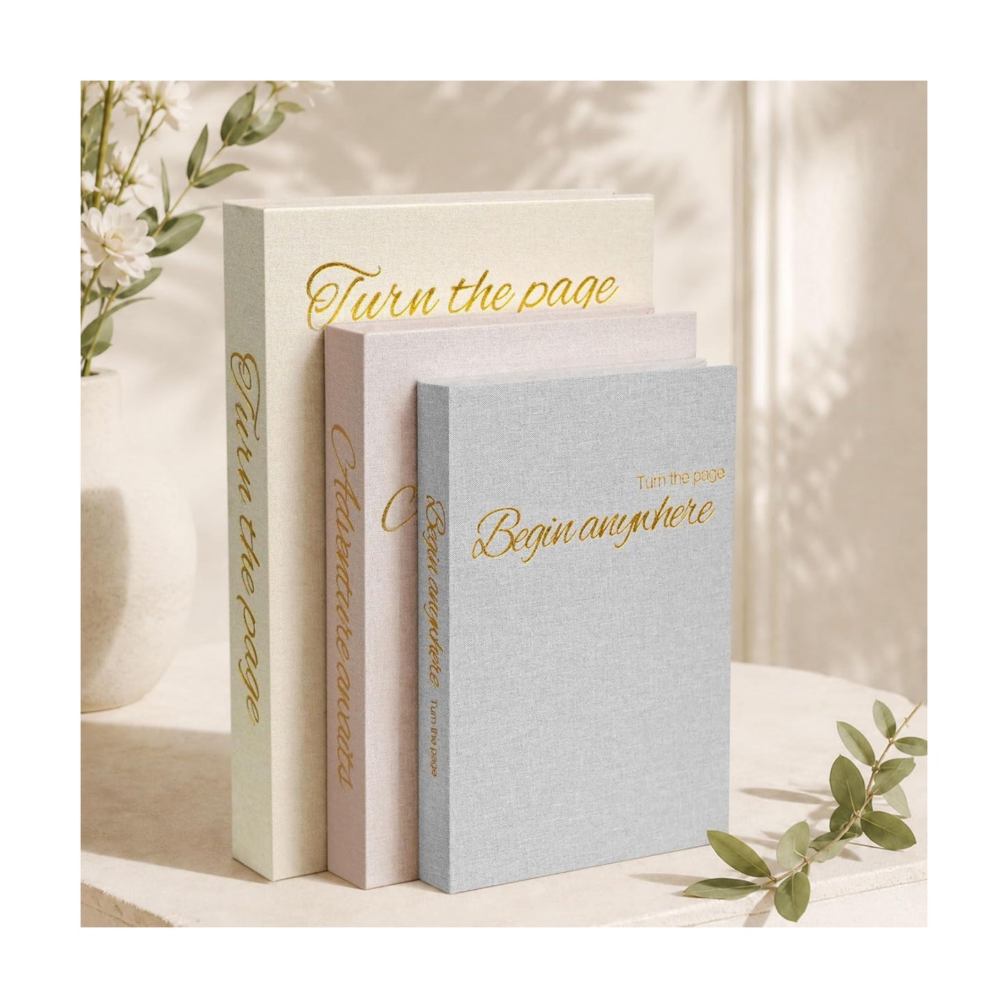 Linen Faux Books / Beige-lotus Pink-blue Gray / Set of 3