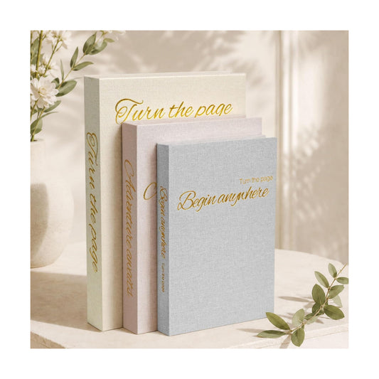 Linen Faux Books / Beige-lotus Pink-blue Gray / Set of 3