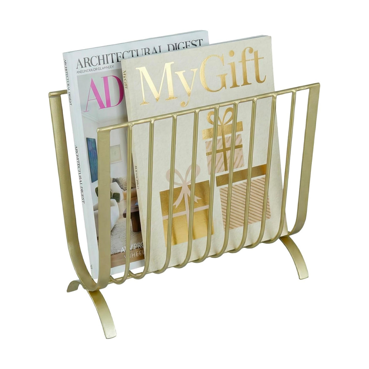 MyGift Brass Metal Mid-Century Wire Magazine Rack – Deluxe Tabletop or Floor Standing Sling Basket for Magazines and