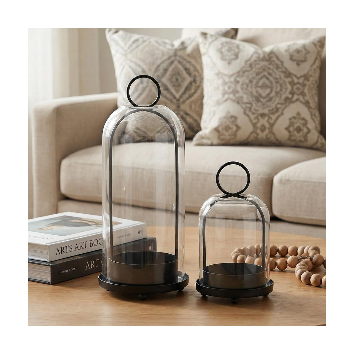 Metal Candle Holder with Handmade Glass Dome in Brass, 5" & 4" Wide Versatile Hurricane Glass Candle Holders Set of 2