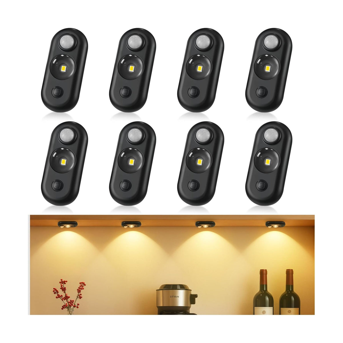8 Pack LED Motion Sensor Puck Lights, Small Rechargeable Under Cabinet Lights, Dimmable Warm White Closet Lights