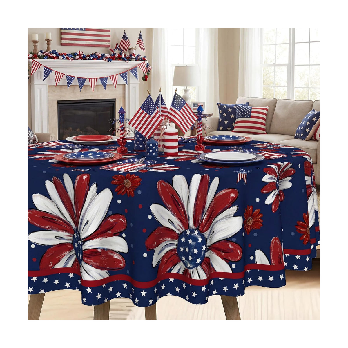 4th of July Tablecloth 60 Inch Round, Patriotic Memorial Day Print Flowers Decorations for Home Table Cloth, Independence Day Blue Seasonal Decor Tablecloths Polyester for Picnic Party Supplies