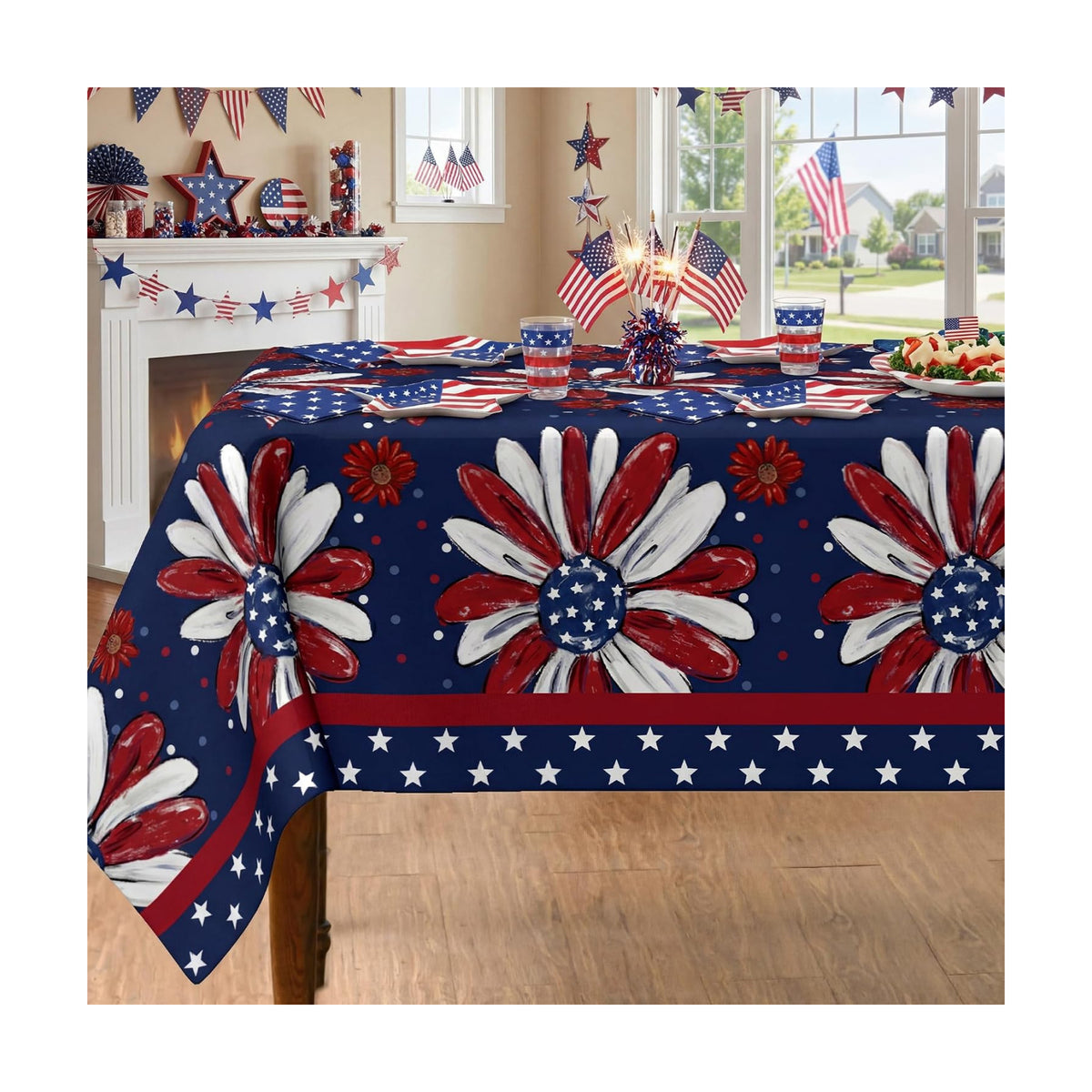 4th of July Tablecloth 54x54 Inch Square, Patriotic Memorial Day Flowers Print Decorations for Home Table Cloth, Independence Day Blue Seasonal Decor Tablecloths Polyester for Picnic Party Supplies