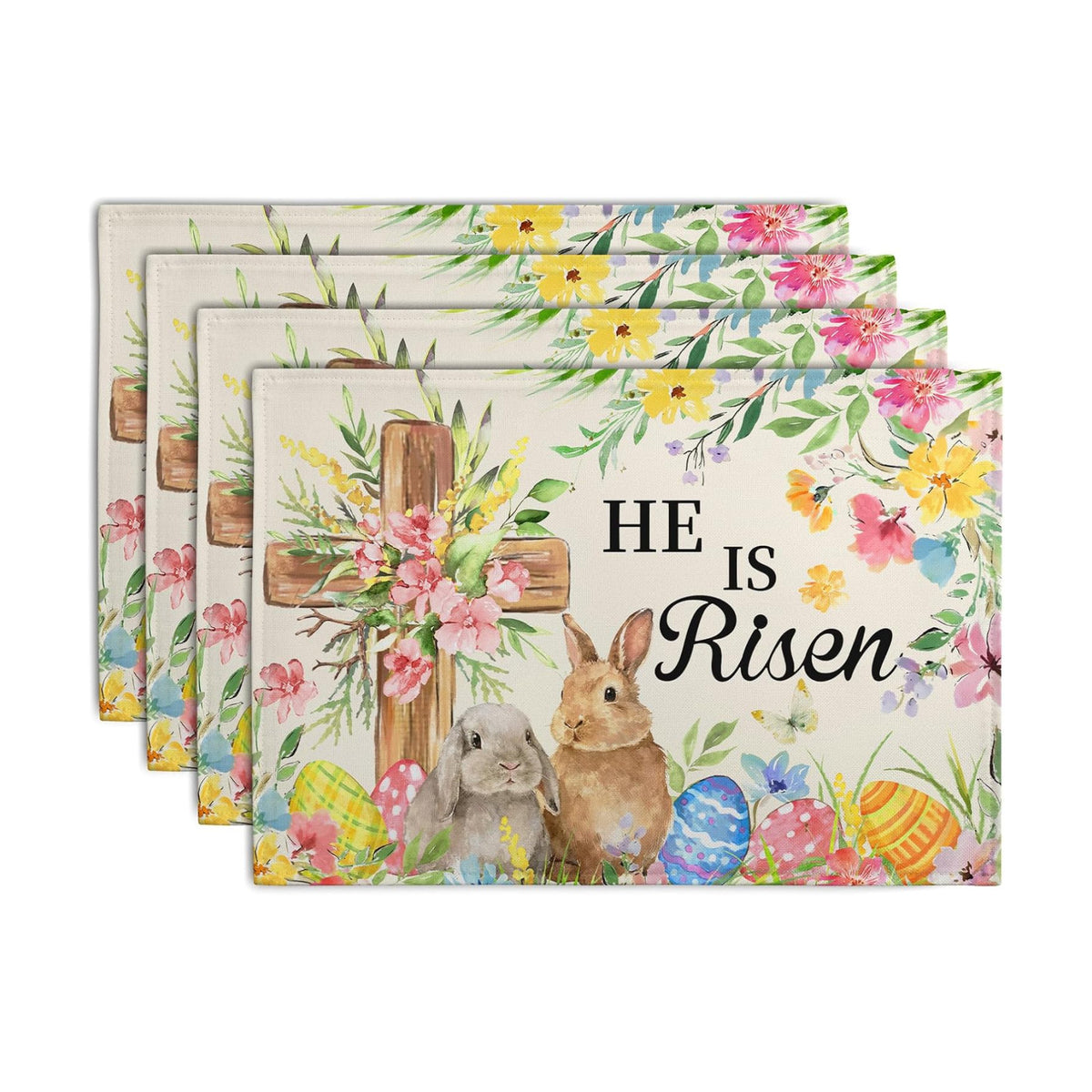He is Risen Easter Placemats Set of 4 12x18 Inch Bunny Floral Cross Table Mats Spring Rabbit Flowers Eggs Place Mat for Dining Table Party Kitchen Decoration