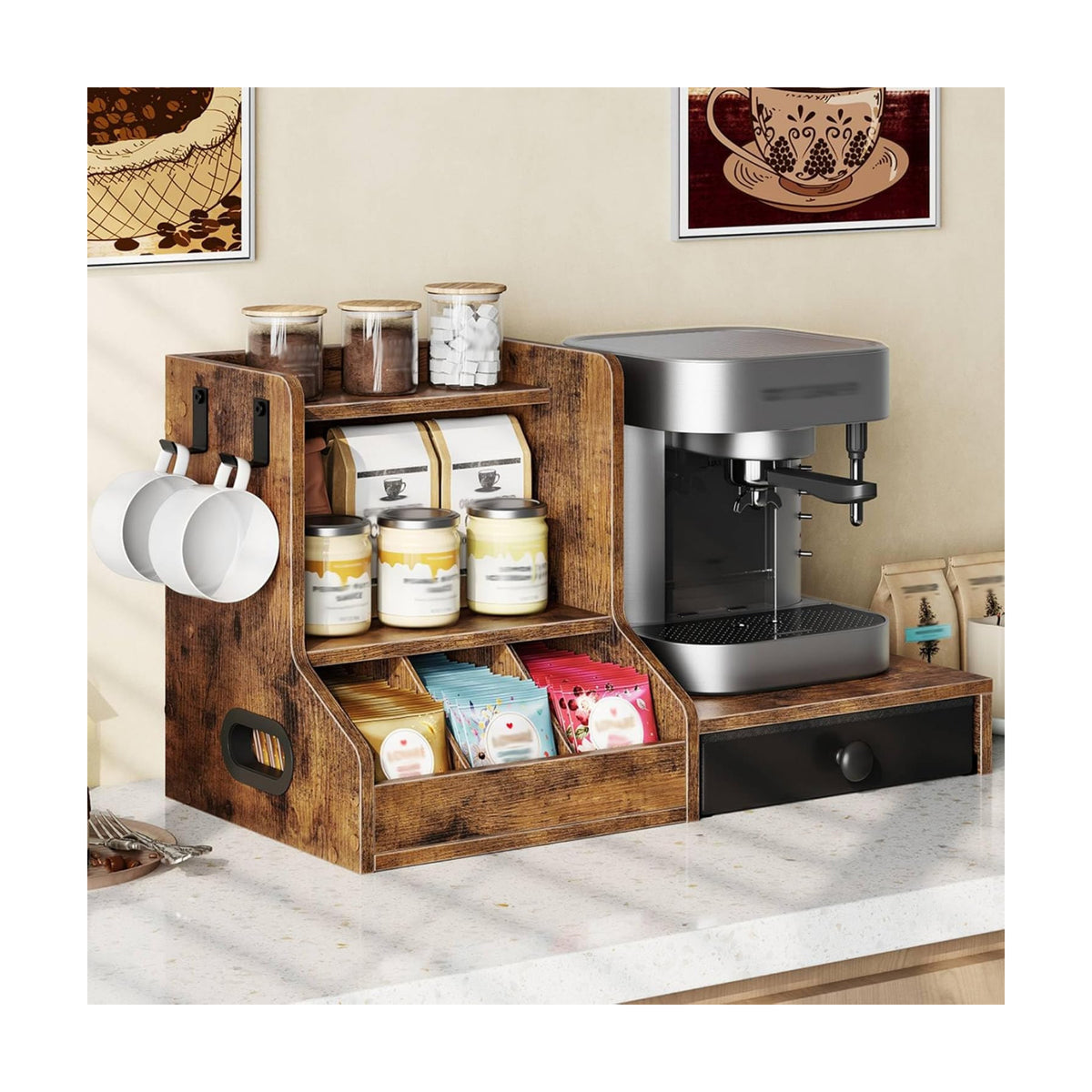HOOBRO Coffee Mug Tree, Coffee Mug Cup Holder with Drawer, 25 Pod Capacity, Mug Display Stand with 2 Hooks, 3 Tier Mug