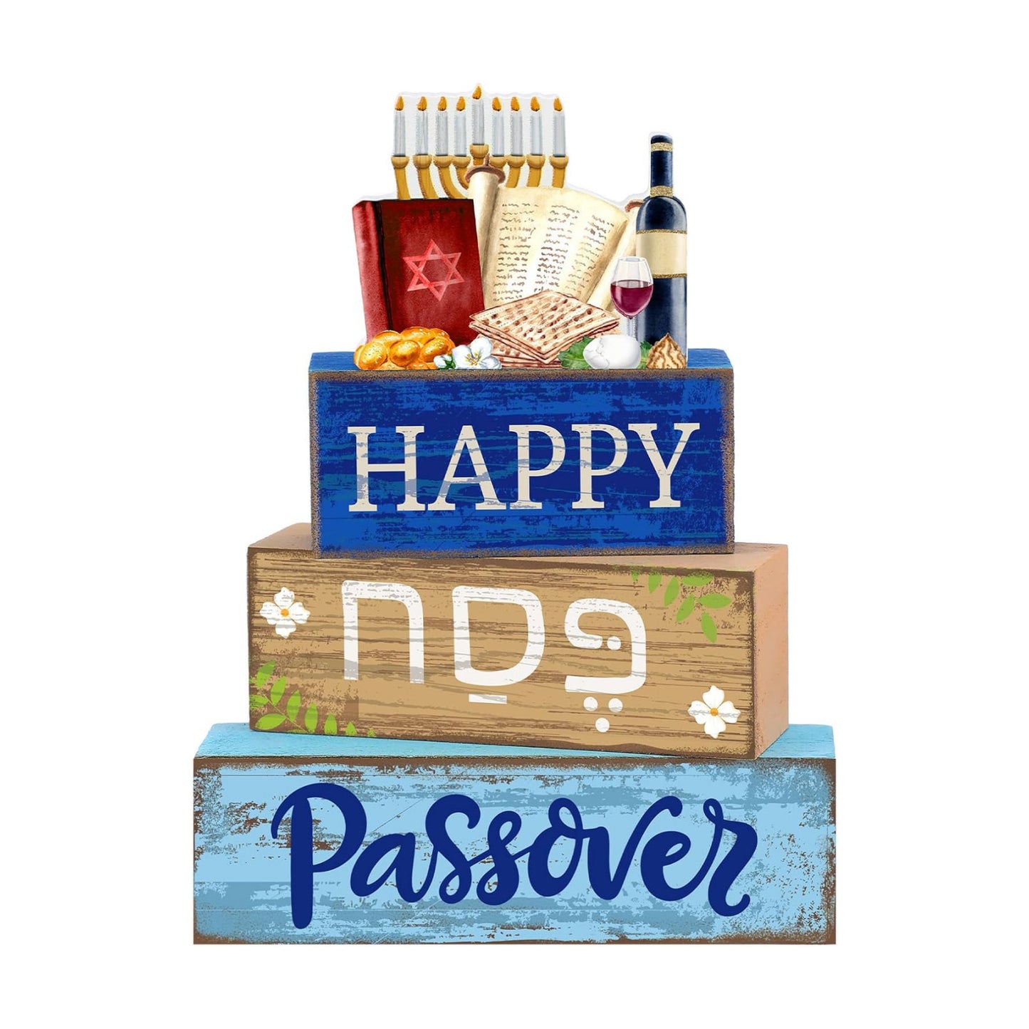Lineshading 4 Pcs Wooden Passover Block Signs Farmhouse Tiered Tray Decor