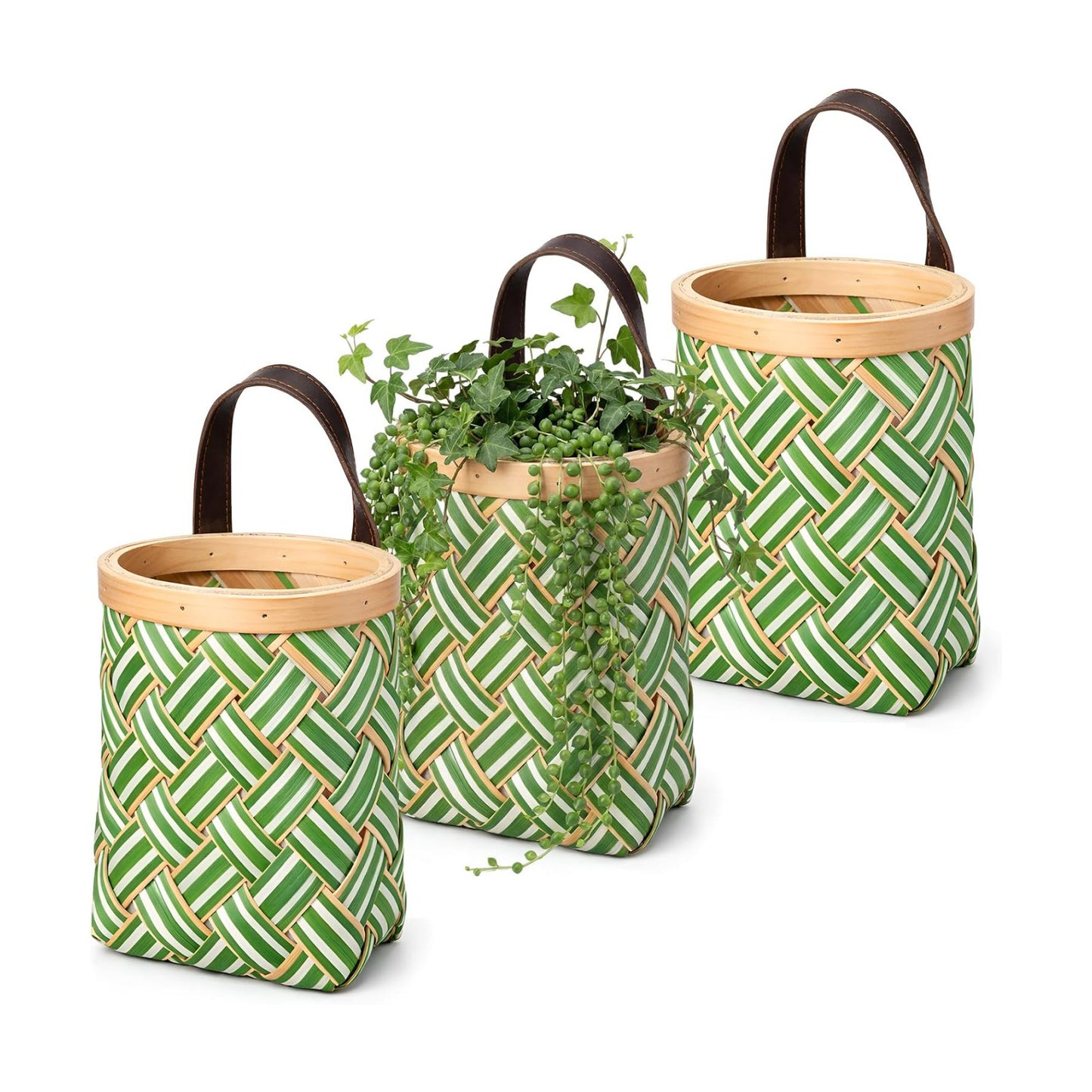 Small Wall Hanging Basket Woven Wood Storage Basket Hanging Rope / Sage Green / 6 Inch / Set of 3