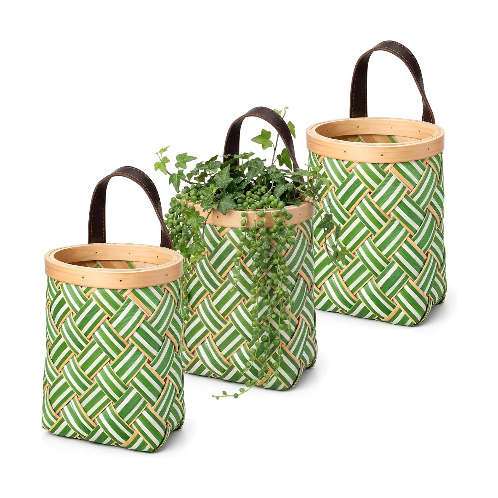 Small Wall Hanging Basket Woven Wood Storage Basket Hanging Rope / Sage Green / 6 Inch / Set of 3