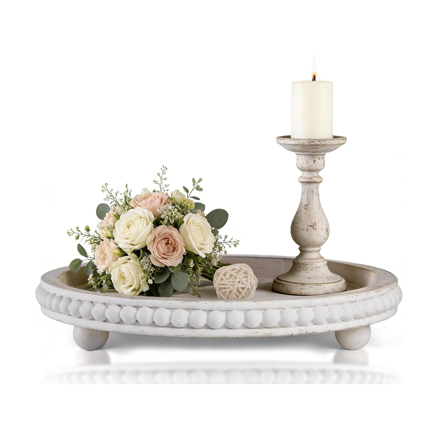 Washed Wooden Beaded Tray / White / Round / 12 Inch