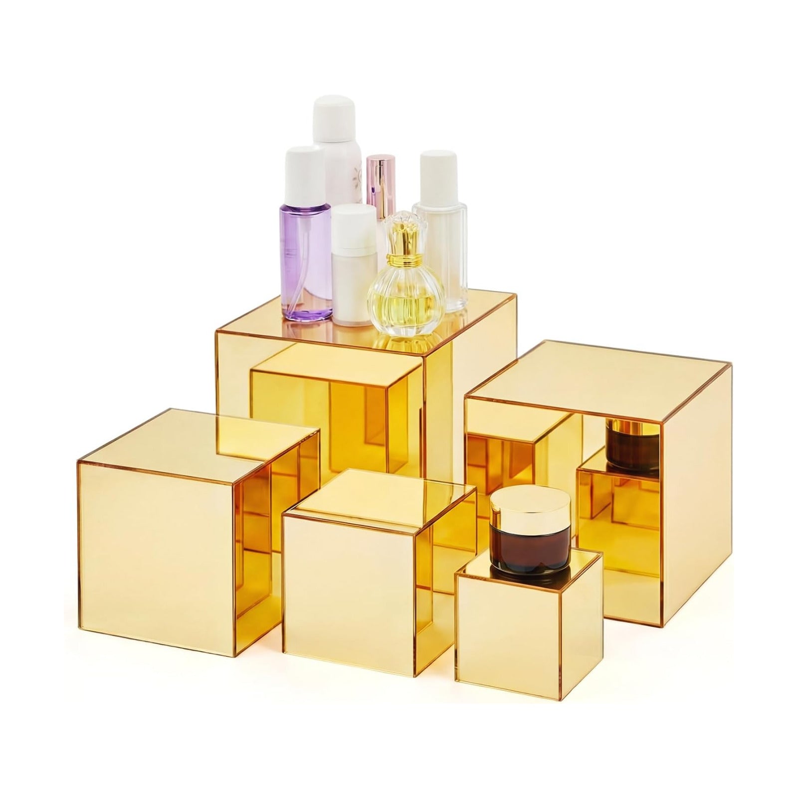 Hollow Bottom Acrylic Cube Stand Boxes for Display / Gold Mirror / 3, 4, 5, 6, 6.5 Inch / Set of 5