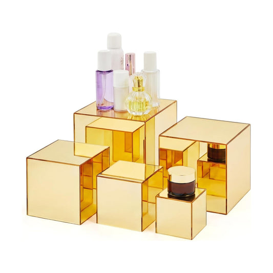 Hollow Bottom Acrylic Cube Stand Boxes for Display / Gold Mirror / 3, 4, 5, 6, 6.5 Inch / Set of 5