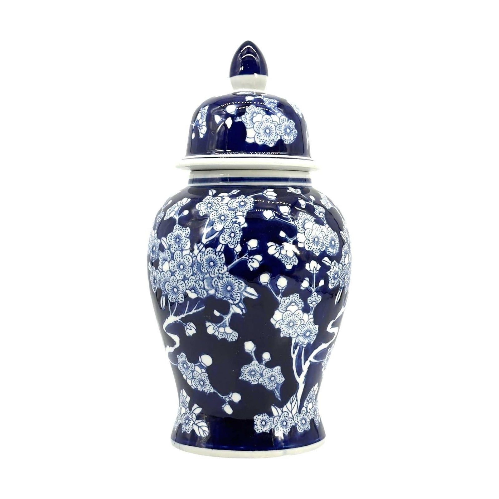 14" Dark Blue & White Cherry Blossom Floral Ceramic Porcelain / 14" Dark Blue & White Ginger Jar