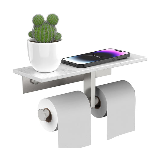 BWE Double Toilet Paper Holder with Shelf Wall Mounted Tissue Roll Holder | Commercial Toilet Paper Dispenser for