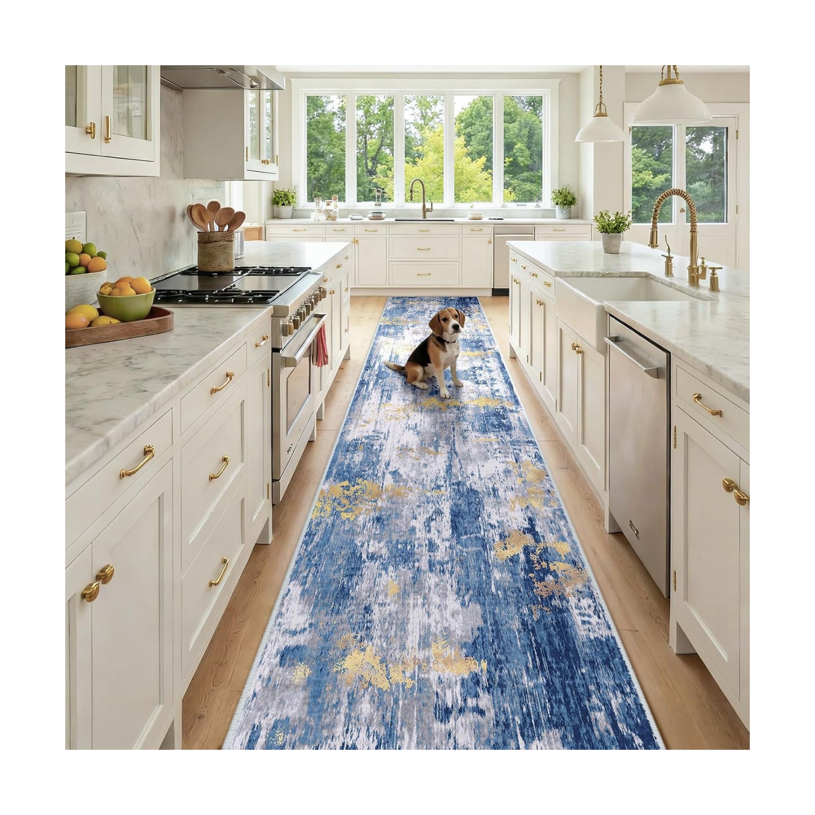 RELEANY Washable Runner 2'6"x12' Abstract Area Rug for Hallway Blue Gold