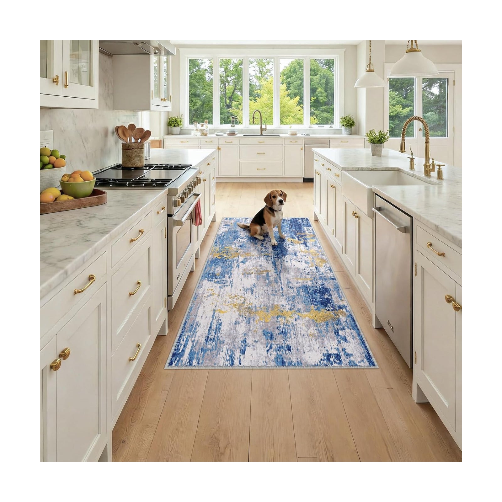 RELEANY Washable Runner 3'x6' Abstract Area Rug for Hallway Blue Gold