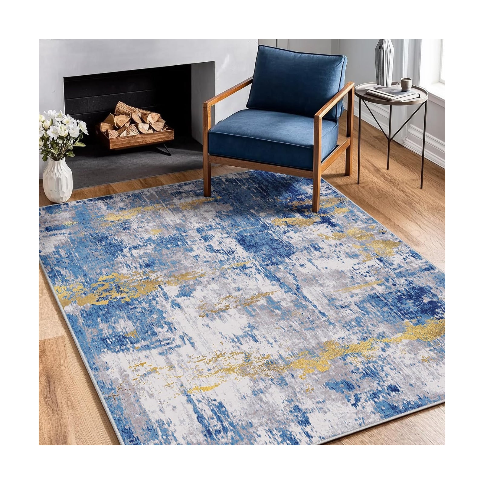 RELEANY Washable 4'x5' Abstract Area Rug for Living Room Blue Gold