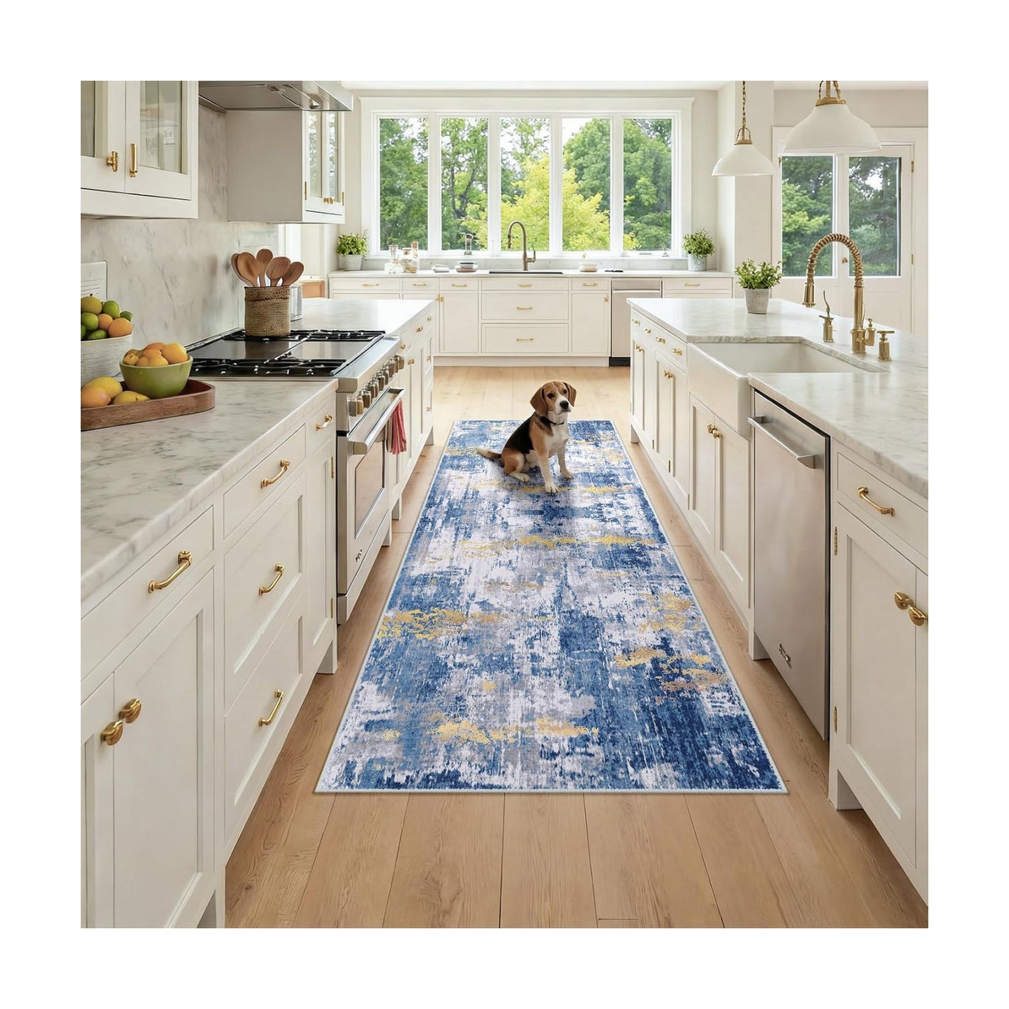 RELEANY Washable Runner 3'x7' Abstract Area Rug for Hallway Blue Gold