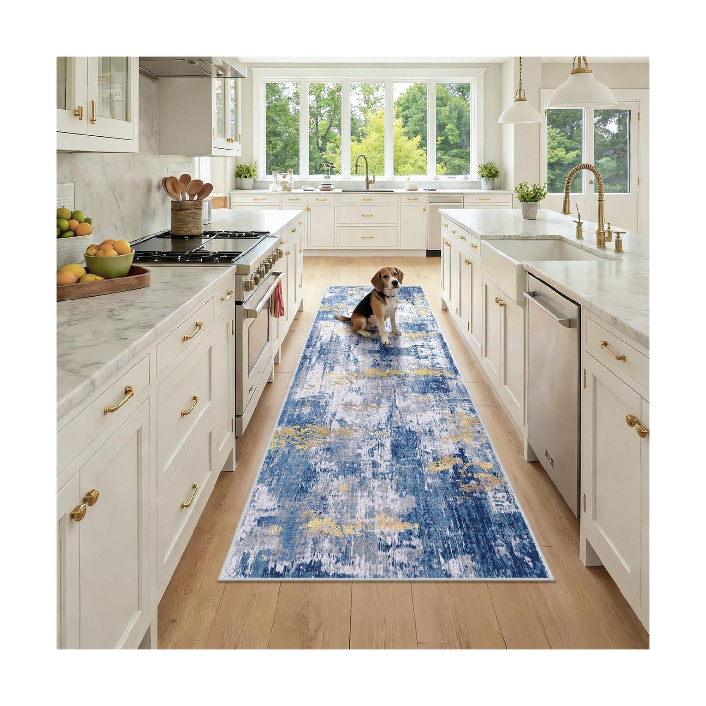 RELEANY Washable Runner 2'6"x8' Abstract Area Rug for Hallway Blue Gold