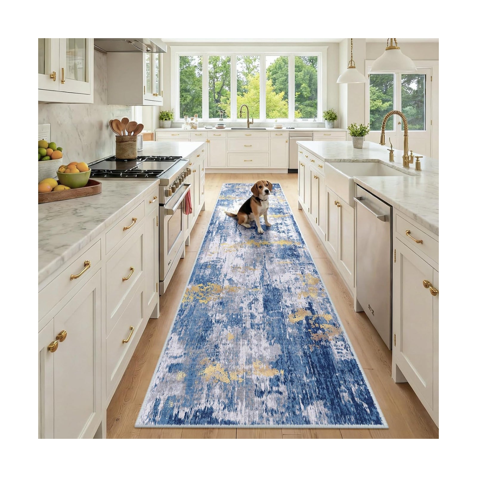 RELEANY Washable Runner 2'6"x10' Abstract Area Rug for Hallway Blue Gold