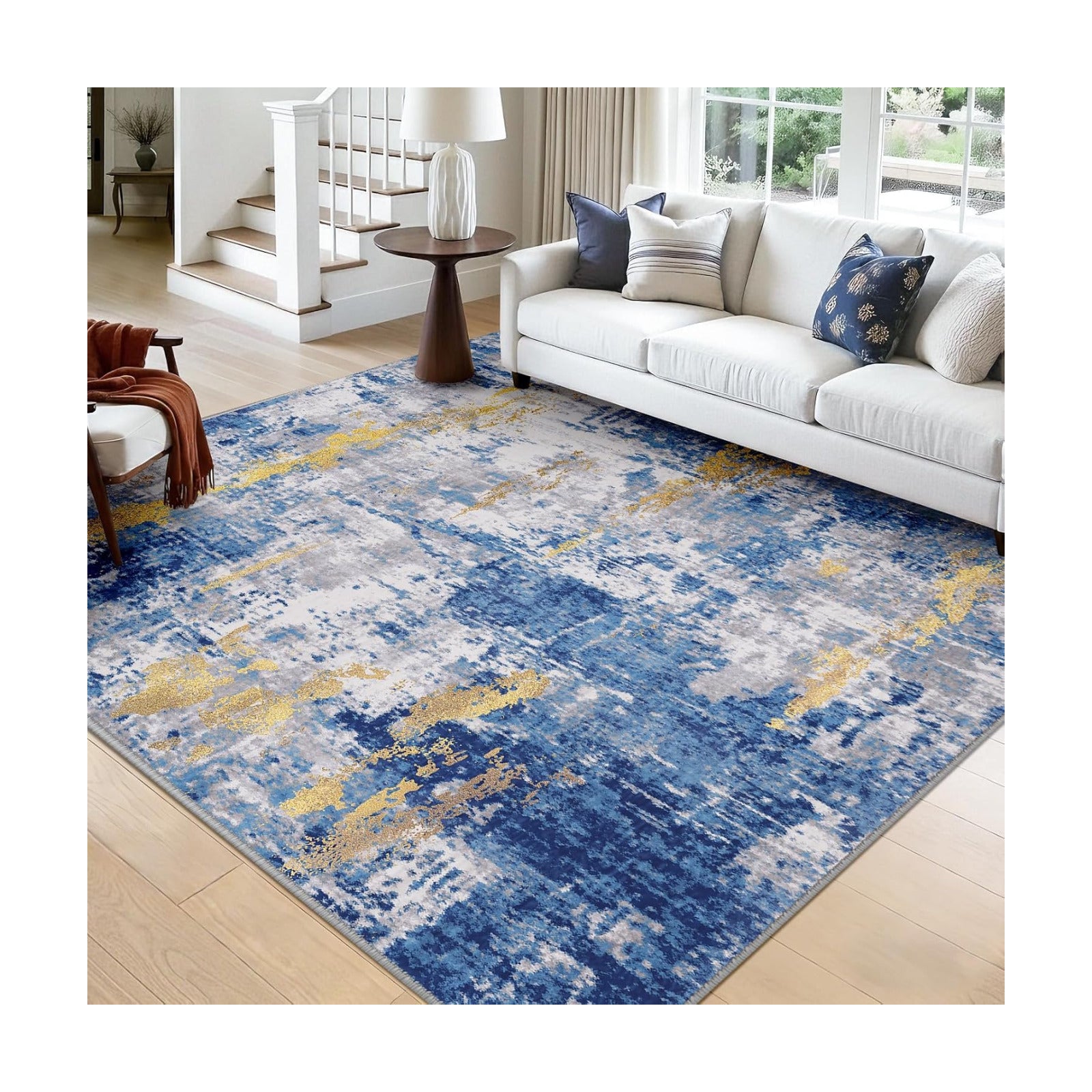 RELEANY Washable Square 9'x9' Area Rug for Living Room Blue Gold