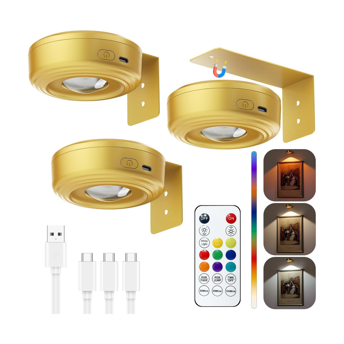 3.3" Picture Lights for Wall Spotlight, 2000mAh Rechargeable, 3Pack, Gold | RGB & 3-Color-Temp丨Remote & Touch