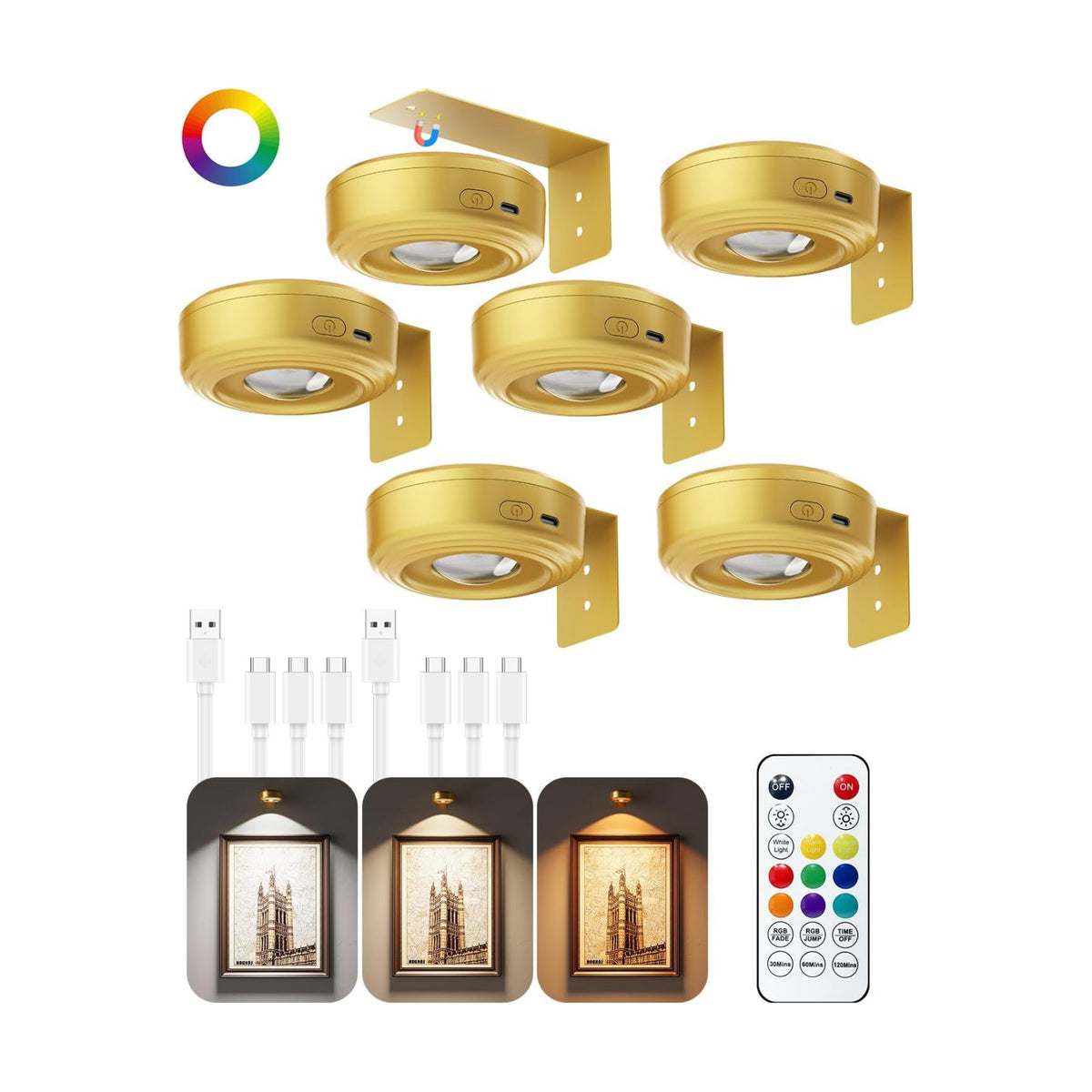 3.3" Picture Lights for Wall Spotlight, 2000mAh Rechargeable, 6Pack, Gold | RGB & 3-Color-Temp丨Remote & Touch